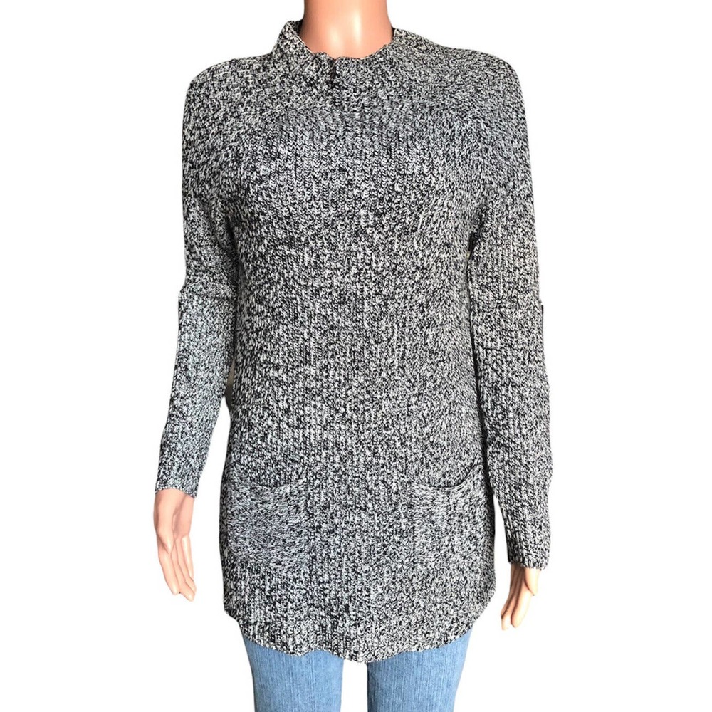Chaus New York Sweater Womens Medium Black White High Neck Long Sleeve Pocket